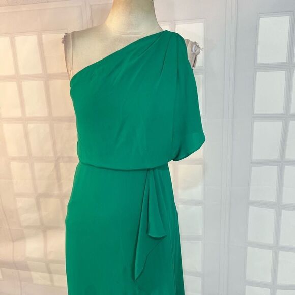 BCBGMaxazria Kendal One Shoulder Ruffle Side Slit Evening Gown Green Size 0 - Picture 4 of 11